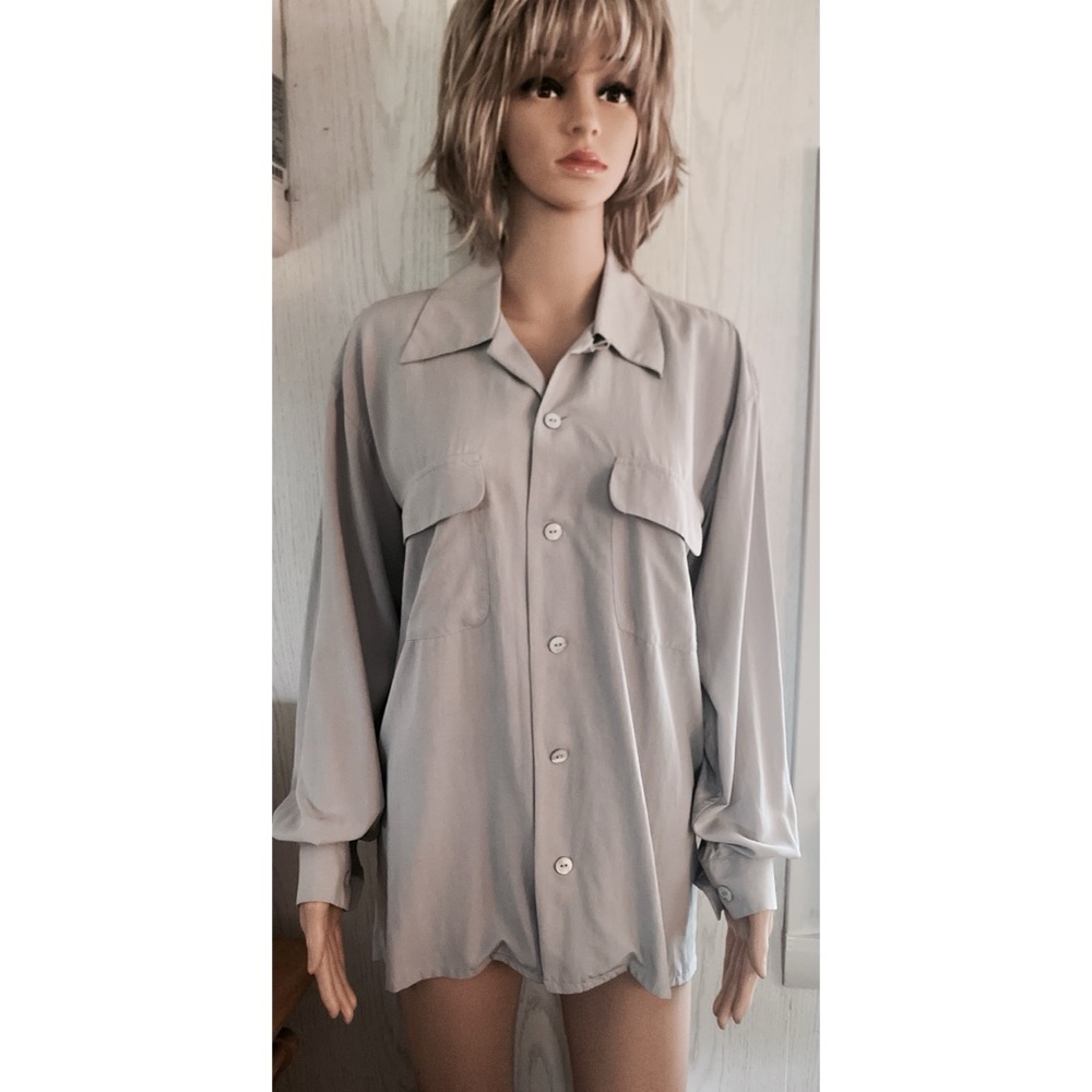 ZARA WOMAN 100% Classic Silk Button Down Grey Long Sleeve Blouse Size MEDIUM NEW